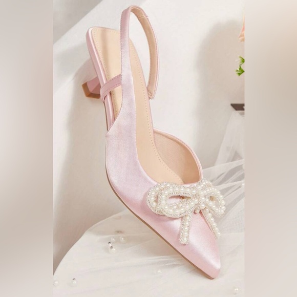 SHEIN Shoes - NEW [SHEIN] Pink Satin Slingback Low Heels Pearl Embellished Bow Women’s 8/EU 38